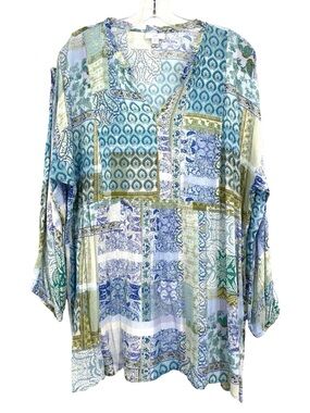 J. Jill Women Patchwork Print Tunic Top Boho Lightweight Flowy Semi Sheer Large